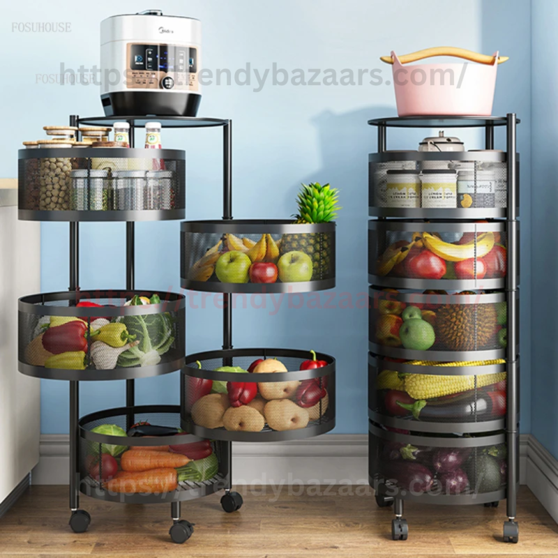 5 Tier Multi-Functional Floor Trolley 360 Degree Rotation Fruit Vegetable Kitchen Organization Storage Rack