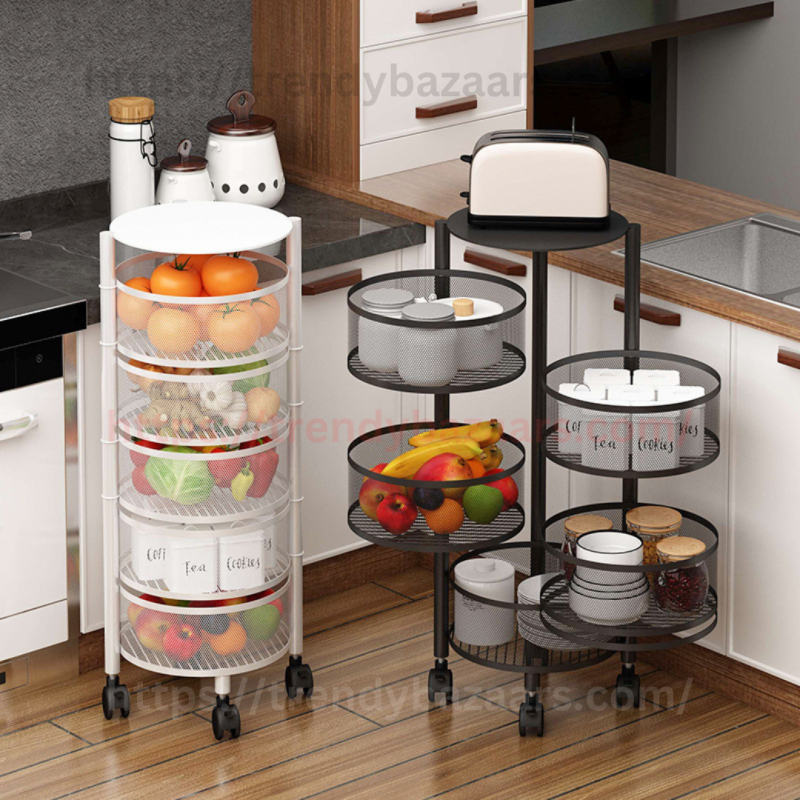 4 Tier Multi-Functional Floor Trolley 360 Degree Rotation Fruit Vegetable Kitchen Organization Storage Rack